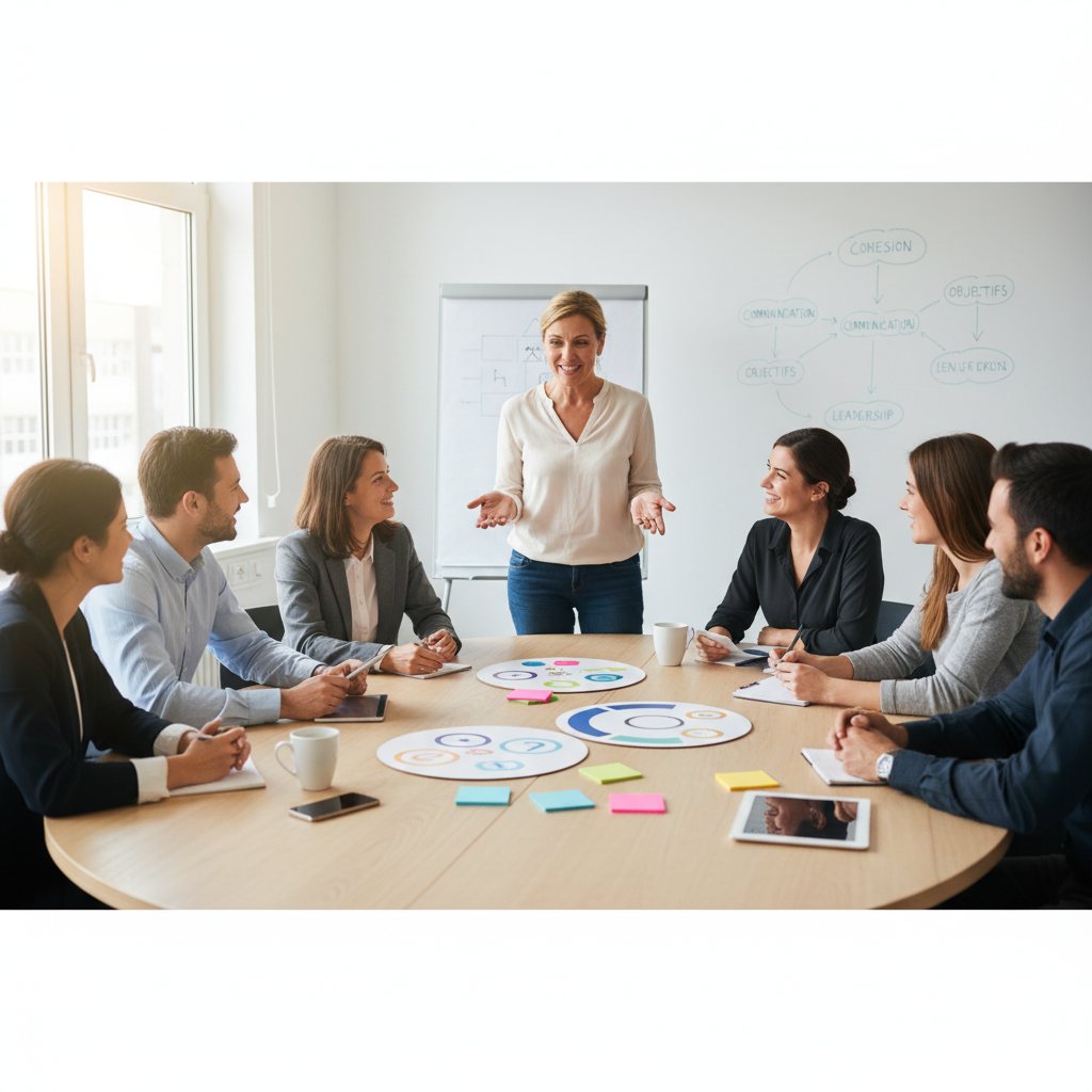 Coaching d'équipe : manager accompagnant son équipe vers la performance et la cohésion